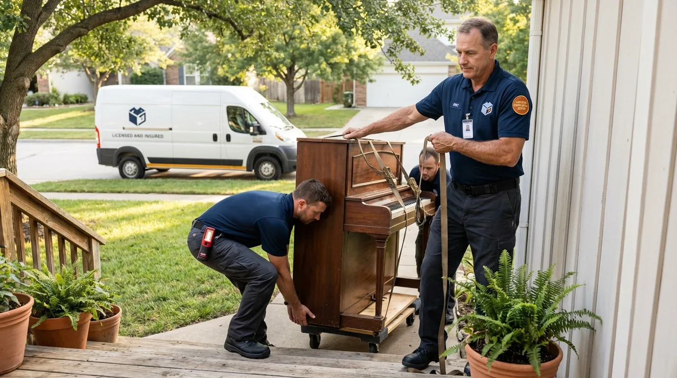 Licensed piano movers securing grand piano in Centralia, IL