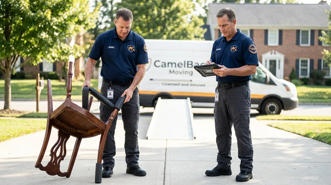 Movers inspecting furniture for damage prevention before loading in Centralia, IL